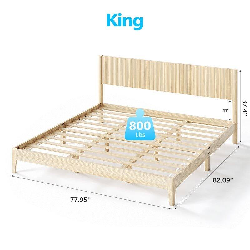 Solid Wood Twin Bed Frame Platform Bedframe with Headboard Grille Style