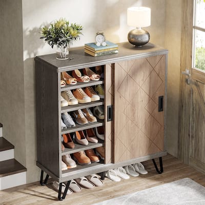 5-tier Wood Shoe Storage Cabinet with Sliding Doors for Entryway