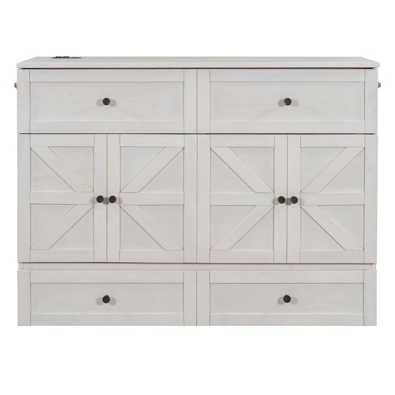 Space-Saving Full Size Murphy Bed with USB Ports and Storage Drawers, Brushed White