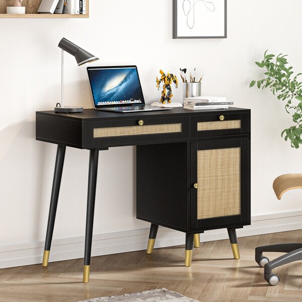 Modern Computer Desk with Drawers Wood Rattan Home Office Desk Writing Desk with File Cabinet Bed Bath Beyond 36875549