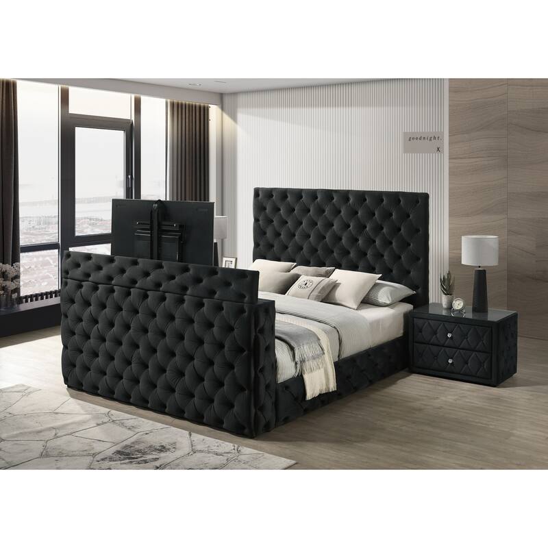 1pc Luxurious Velvet Upholstery Elegant Diamond-tufted Design Two Spacious Drawers Sleek Glass Top Nightstand Wooden
