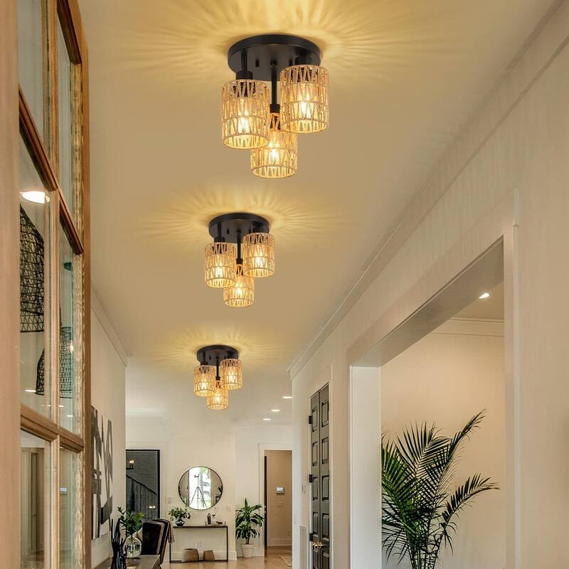 3-Light Flush Mount Ceiling Light with Hand-Woven Rattan Shades