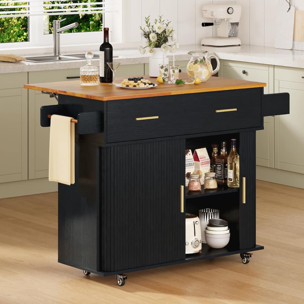 39.4" Rolling Kitchen Island with Drop Leaf Countertop,Mobile Kitchen Cart with Sliding Door,Drawers & Spice Rack