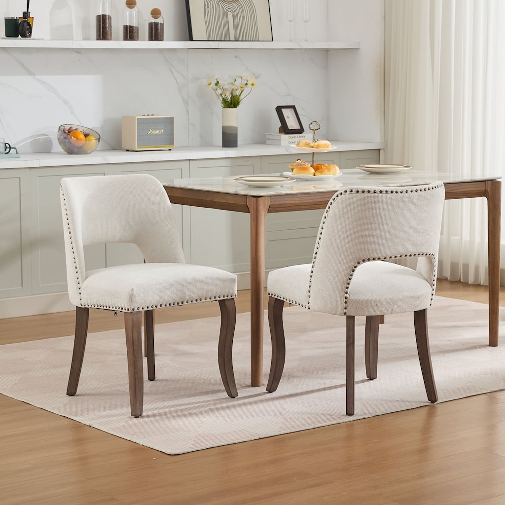 Modern Fabric Upholstered Dining Chairs Set of 2, Farmhouse Wooden Dining Room Chairs with Curved Backrest, Rivet Trim