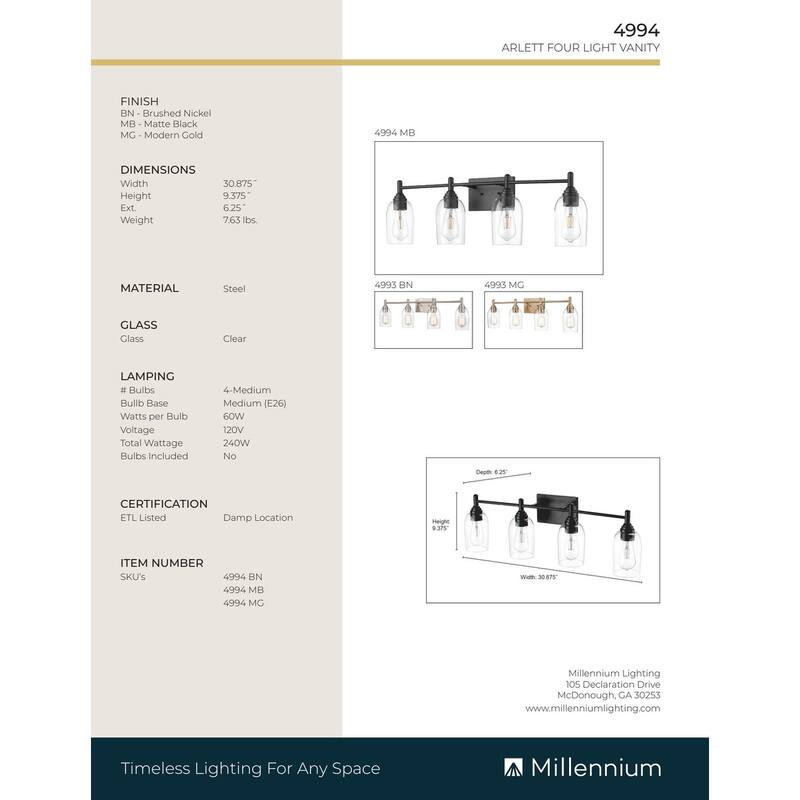 Millennium Lighting Arlett 4 Light Vanity Fixture in Multiple Finishes
