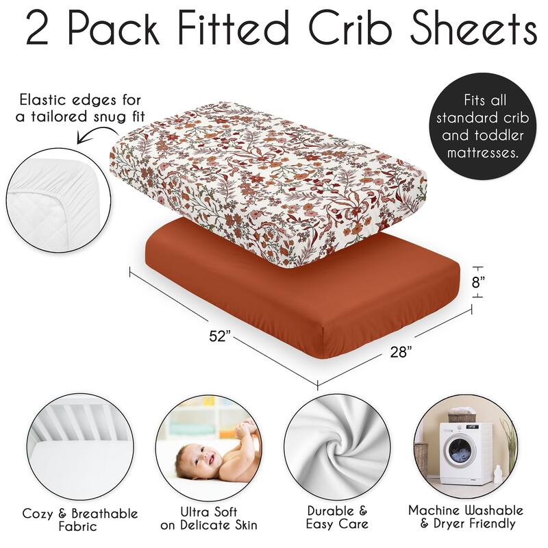 Sweet Jojo Designs Ivory & Orange Boho Vintage Floral Girl 2 Pack Fitted Crib Sheets -Solid Rust & Bohemian Wildflower Botanical