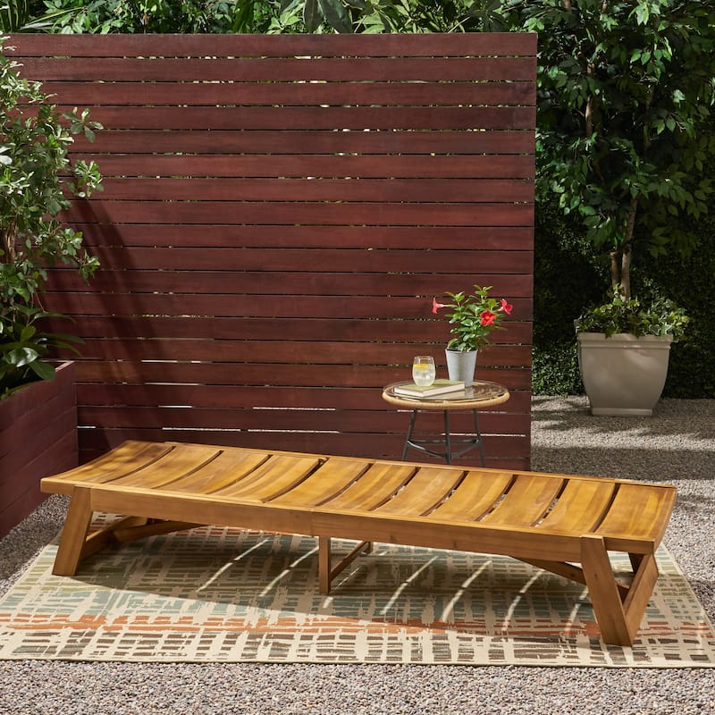 Maki Chaise Lounge Yellow Brown Acacia Wood Adjustable Outdoor Patio Furniture with Metal Frame 78in