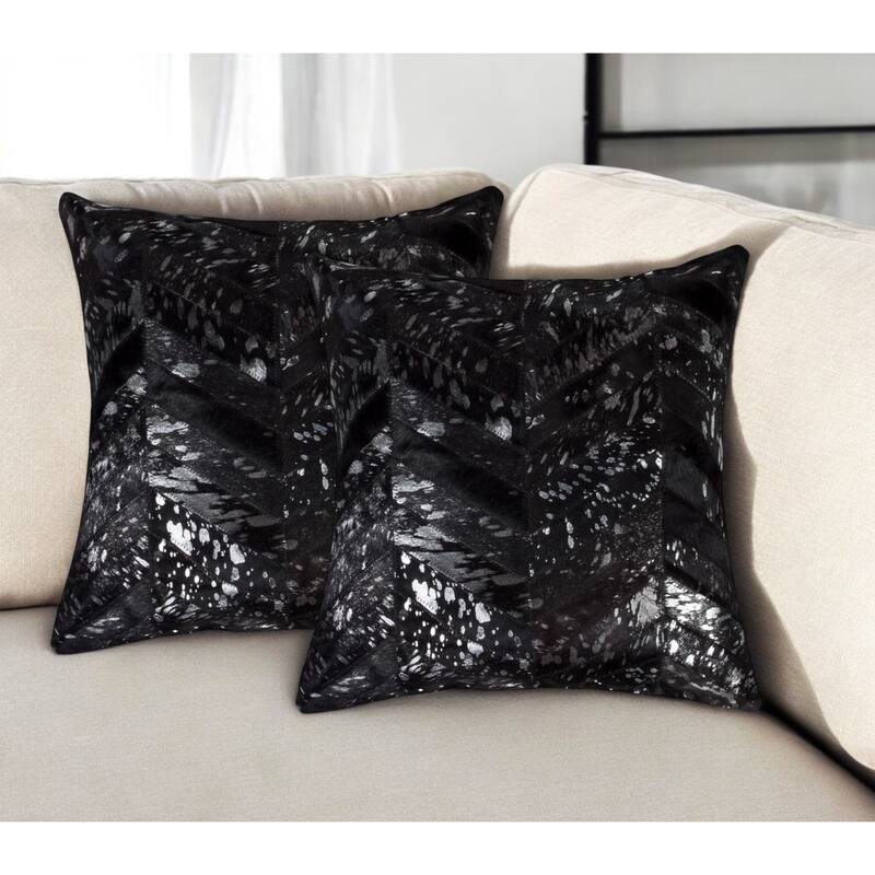 Set of Two 18" Black and Silver Chevron Cowhide Throw Pillows with Glitter - Silver