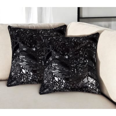 Set of Two 18" Black and Silver Chevron Cowhide Throw Pillows with Glitter