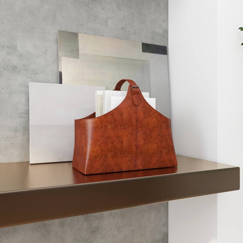 Leather Handmade Box Style Single Slot Magazine Holder with Buckle Handle - Brown, Dark Brown, Gray or Black - Roche River Decor