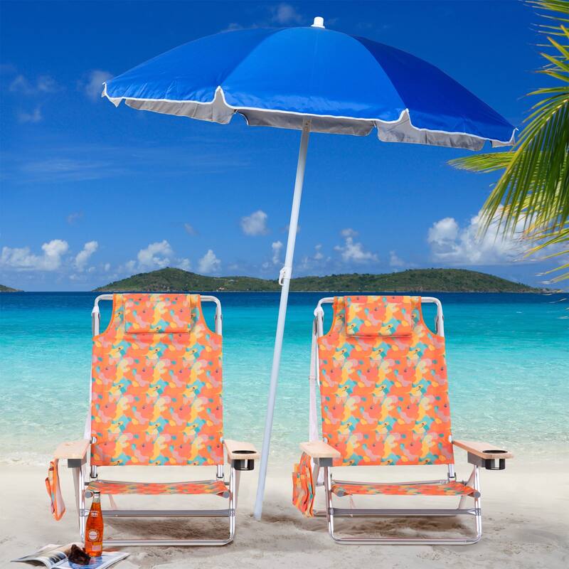 2-Piece Lightweight 5-Position Folding Lay Flat Beach Chairs with Tower Bar