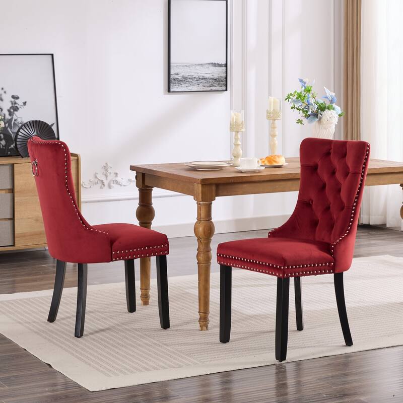 Set of 2 Tufted Dining Chair with Wood Legs, Riveted Trim