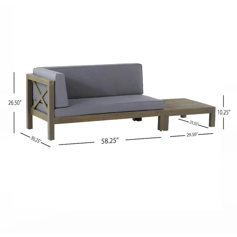 Brava Outdoor Acacia Wood Left Arm Loveseat and Coffee Table Set with Cushion by Christopher Knight Home