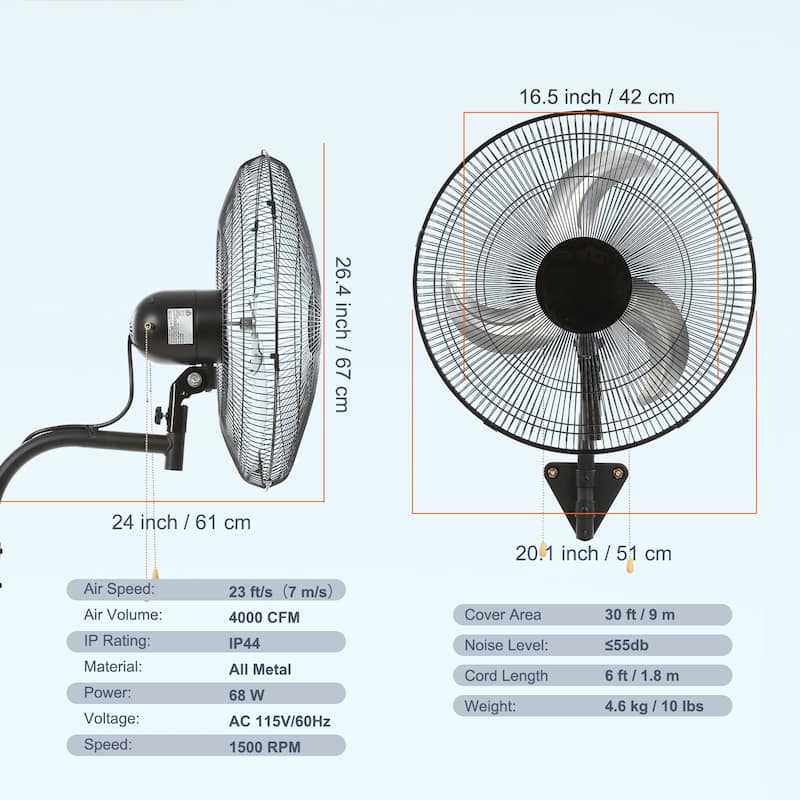 Wall Mount Fan, 18 Inch 3-speed High Velocity Max, 4000 CFM Oscillating Industrial Wall Fan, Commercial for Warehouse