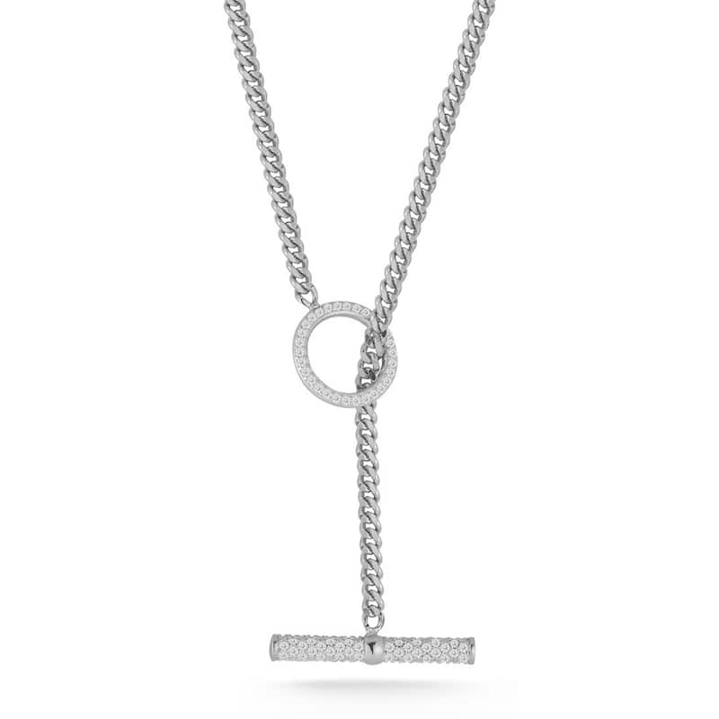 Soleil Sterling Silver Pave Toggle Curb Chain Collar Necklace - White
