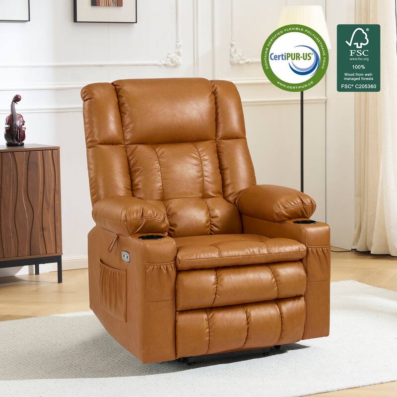 MCombo Medium Dual Motor Power Lift Recliner Chair Infinite Position, Massage and Heat, Extended Footrest, Faux Leather 7890 - Tawny