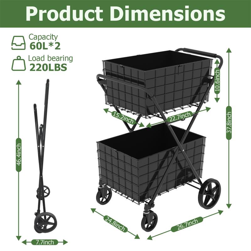 Foldable 2 Layers Grocery Shopping Cart w/ Double Basket and 360 Rolling Swivel Wheels