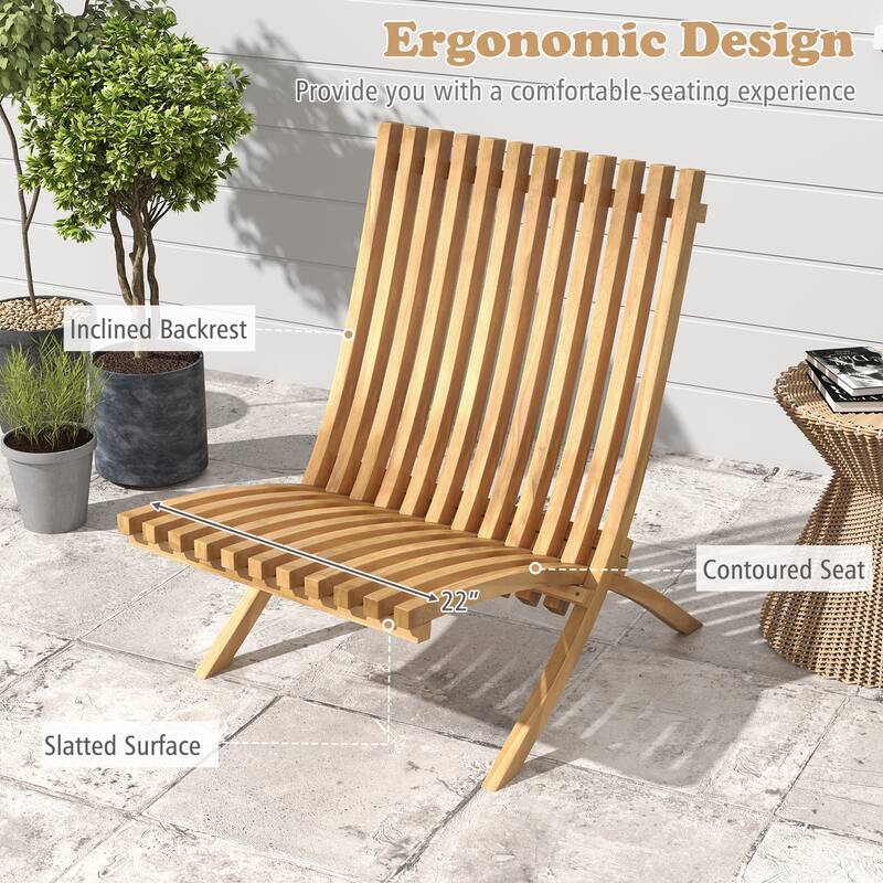 Gymax Folding Patio Chair Teak Wood Outdoor Lounge Chair w/ Slatted