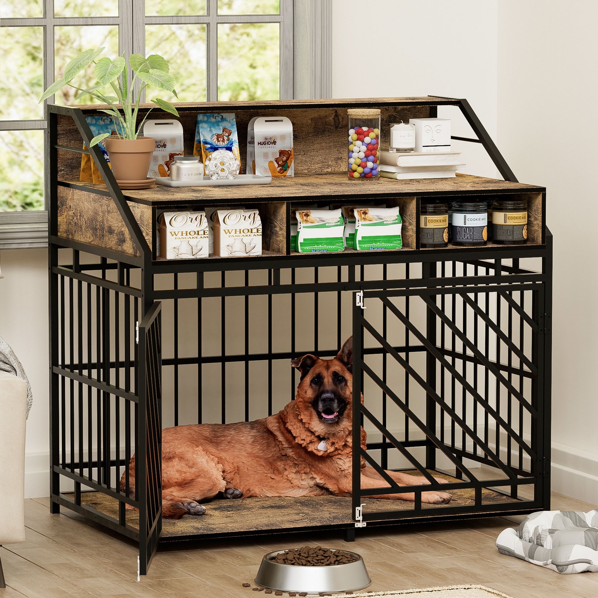 43.3 Heavy Duty Wooden Dog Crate with Divider Drawers Double Door Storage Furniture for Medium Large Dogs Bed Bath Beyond 42143459