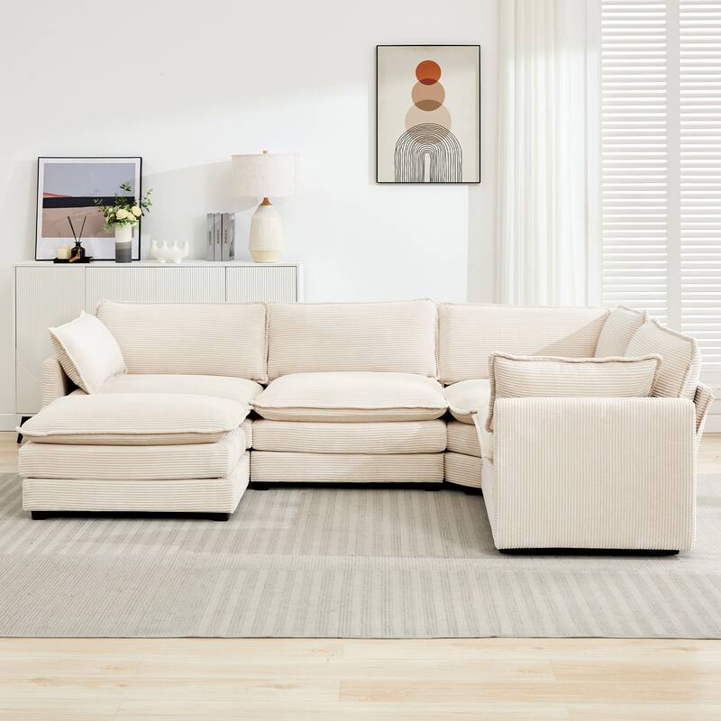 5-Seater Corduroy Sectional Sofa with a Removable Ottoman & Corner Seat, Soft & Comfortable - 4 Seats with 1 Ottoman