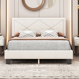Modern Velvet Simple Queen Size Upholstered Bed Frame with Rivet Design,Platform Bed