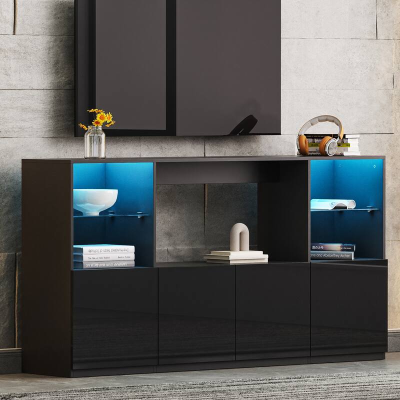 67" High Gloss TV Stand for Living Room, LED Smart Control Media Console with Large Storage Cabinet, Tempered Glass Shelves - Black
