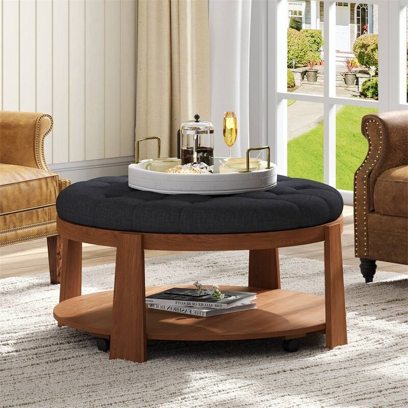 Modern Large Round Ottoman Coffee Table 2-Tier Oversized Button Tufted Ottoman with wheels
