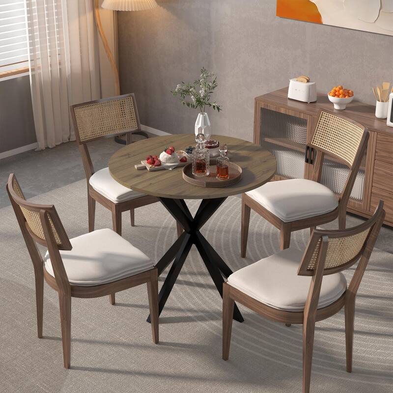 Anmytek Round Dining Table Modern Wood Top and Metal Frame Brown Industrial Kitchen Table