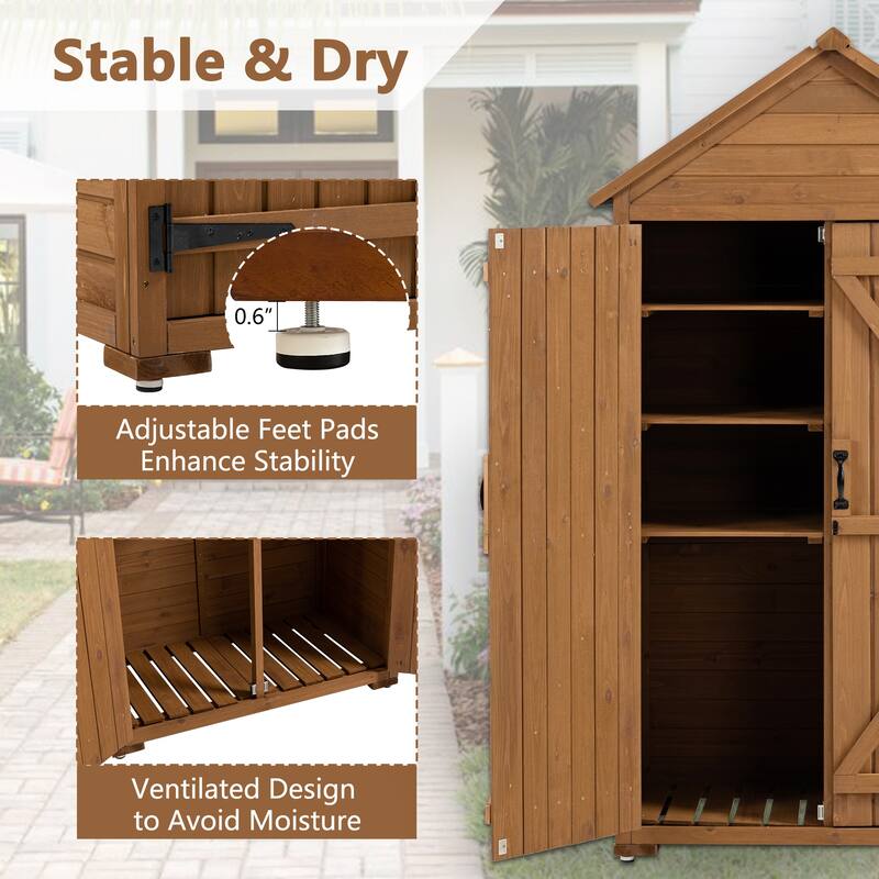 Outdoor Storage Cabinet with Removable Shelves, Wooden Closet Garden Tool Shed with Adjustable Feet, Waterproof Roof