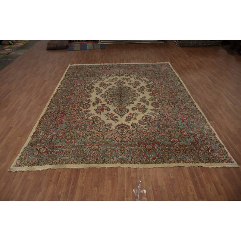 Hand Knotted Oriental 100% Wool Carpet Traditional Floral Beige & Ivories Kerman Area Rug - 13' 3'' X 9' 11''