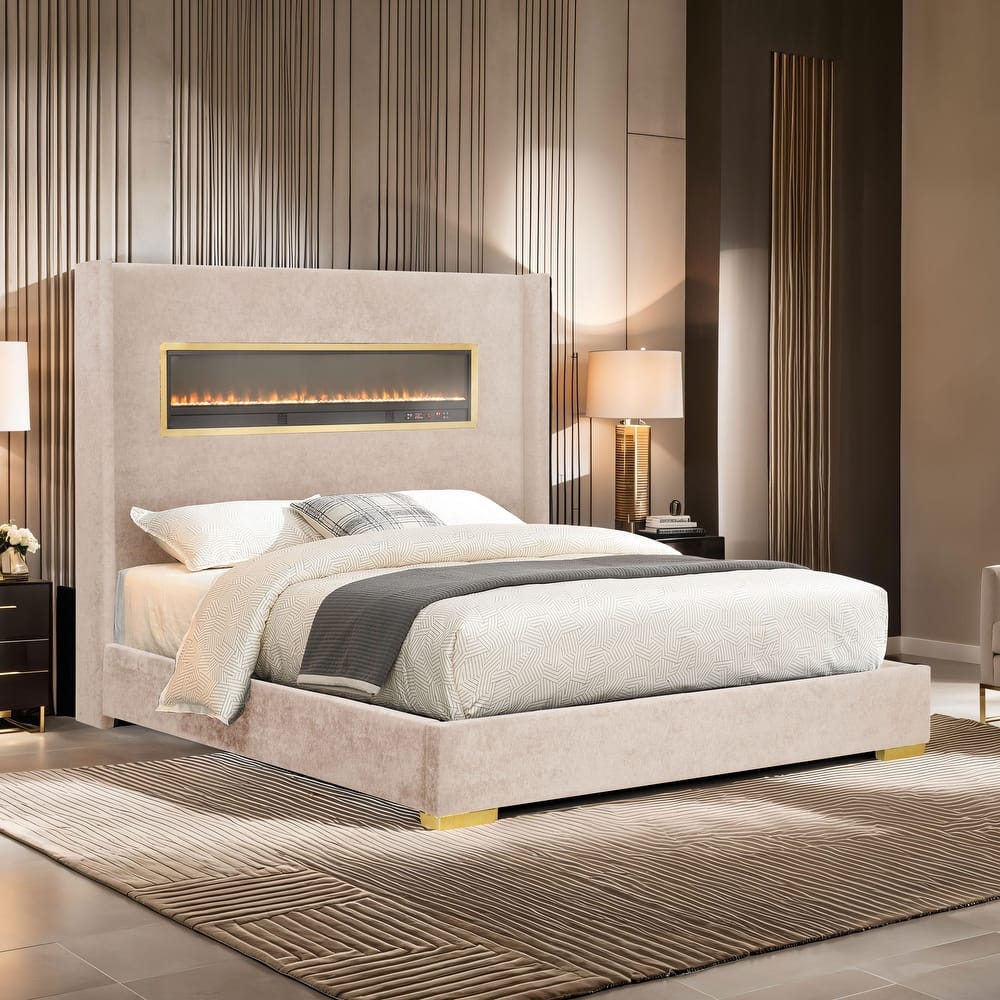 Furniture of America Stephanie Modern Boucle Bed with 3D Fireplace Simulator and Bluetooth Audio