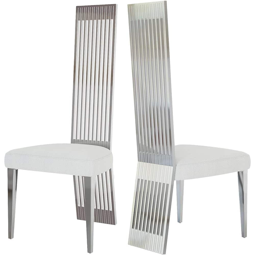 White Boucle and Silver Dining Chairs with Mirrored Silver Vertical Metal Tube Back