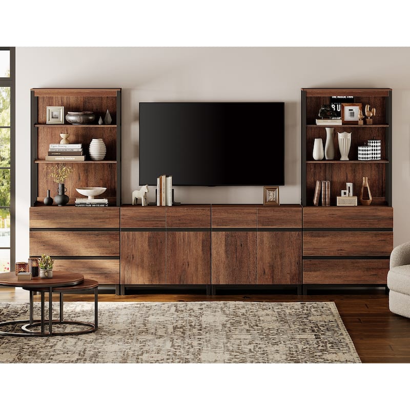 WAMPAT Modern Entertainment Center with 3 Tiers Bookshelf, Farmhouse TV Stand with 2 Storage Cabinets and 6 Drawers - Brown