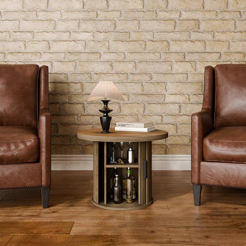 Mid Century Modern Round Coffee Table with Storage, Tambour Door Design Table for Living Room