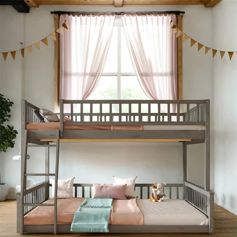 Full XL over Queen Wood Bunk Bed with Ladder and Guardrails