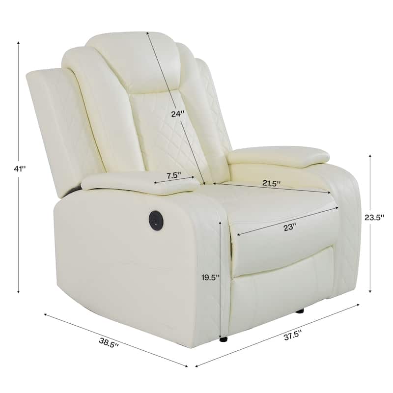LED Breathing Leather 3-Piece Recliner Sofa Set for Living Room - White