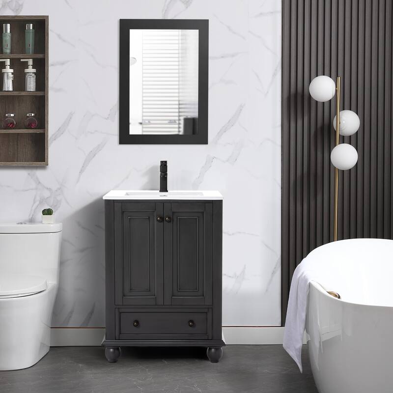 Retro Bathroom Vanity Cabinet Solid Wood Classic with Ceramic Sink - 24 in - Grey