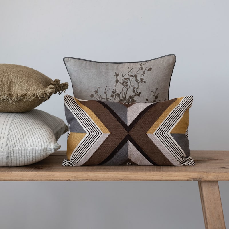 Cotton Embroidered Lumbar Pillow with Line Design