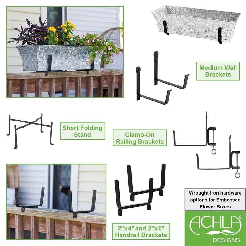 Achla Designs Handrail Flowerbox Bracket Kit for 2x6-in Rail, 24 Inch Wide, Black Powder Coat Finish