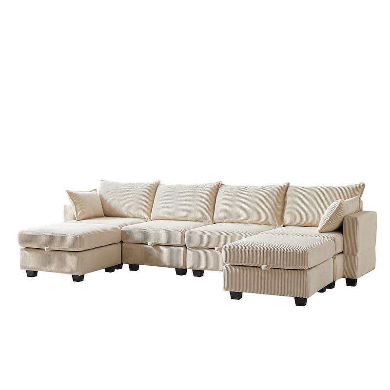 113.5" Corduroy U-Shaped Sectional Sofa with Storage Ottoman, 6-Seat Modular Design and Convertible Chaise