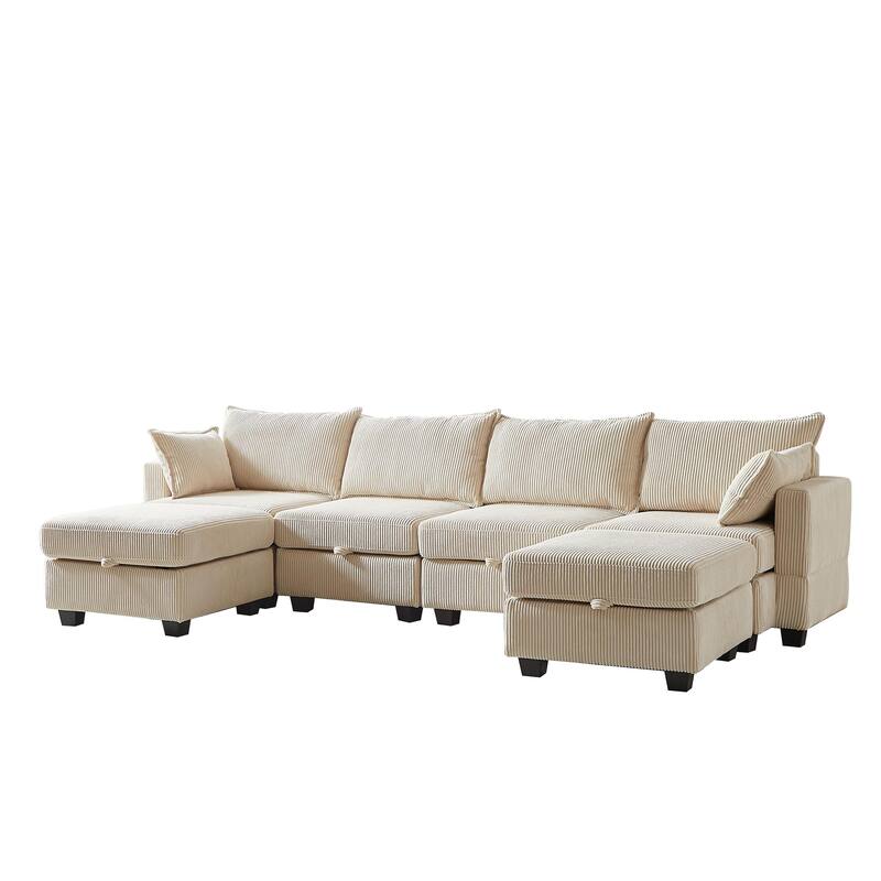 Beige 6-Piece Convertible Corduroy Modular Sectional Sofa with Storage & Ottomans