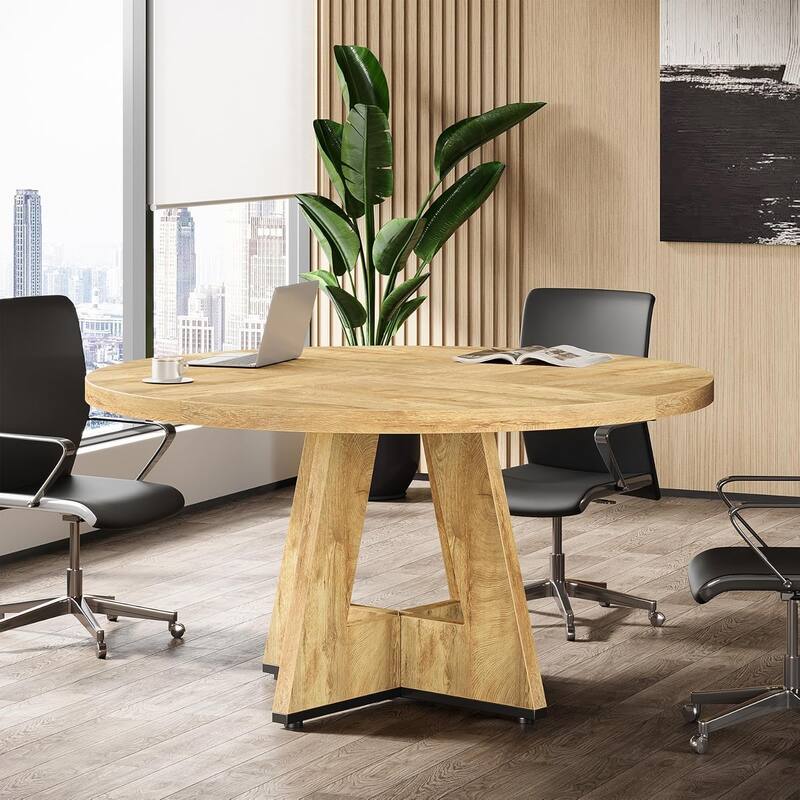 47" Round Conference Table Meeting Room Table with Thickened Top Wood Base Modern Training Desk for Conference/Seminar Room - Natural