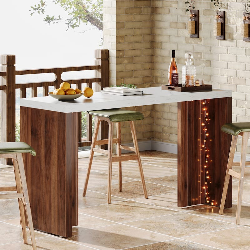 55'' Home Bar Unit, Bar Table with Faux Marble Finished Tabletop