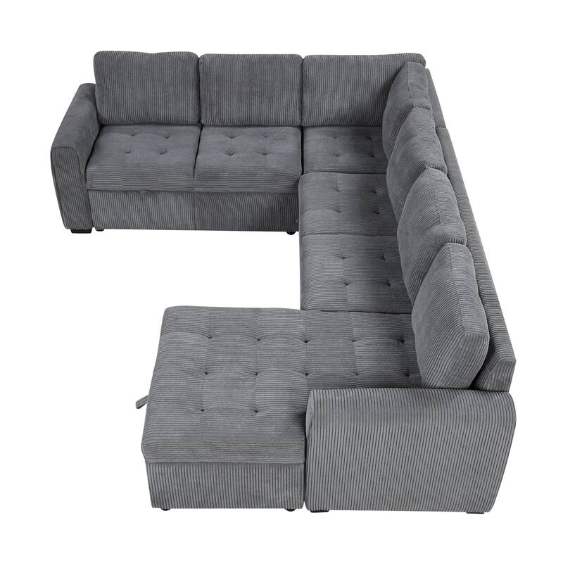 107.5" U-Shaped Corduroy Sectional Sofa with Pull-Out Bed, Storage Chaise, USB Ports and Power Sockets (5-Seater)