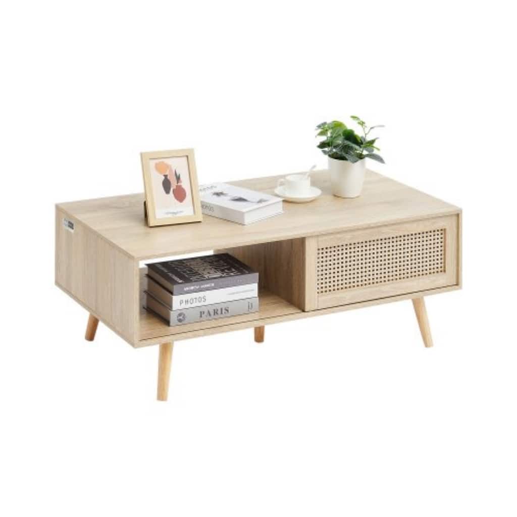 42 Inch Modern Rattan Rectangular Coffee Table with Sliding Doors for Hidden Storage and One Open Shelf - 41.3” x 21.7” x 16.3”