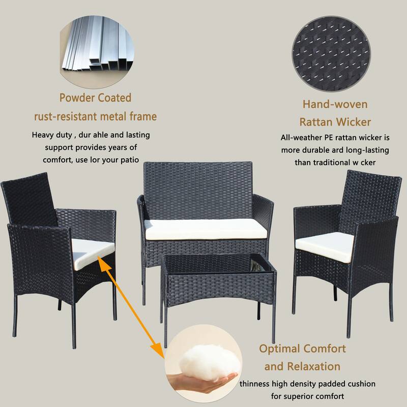 4 PC Rattan Patio Furniture Set Outdoor Patio Cushioned Seat Wicker Sofa (Beige Cushion)