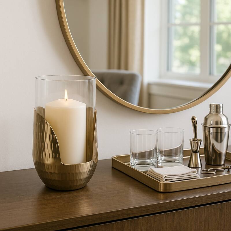 Decorative Glass Hurricane Candle Holder with Metal Base - Gold & Clear