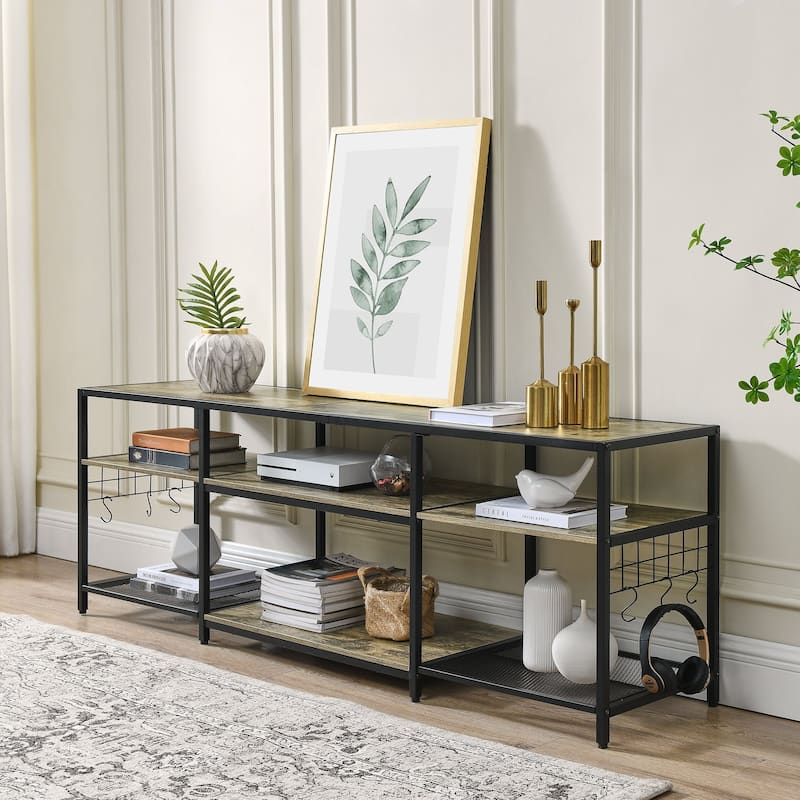 VECELO End Table, 55 Inch up to 71 Inches TV Stand with Storage Shelves, 3-Tier Television Cabinet
