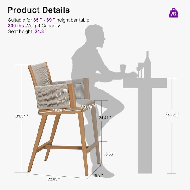 PURPLE LEAF Outdoor Bar Stools Chair Set of 2, All Weather Rattan and Aluminum Patio Bar Stool with Cushion