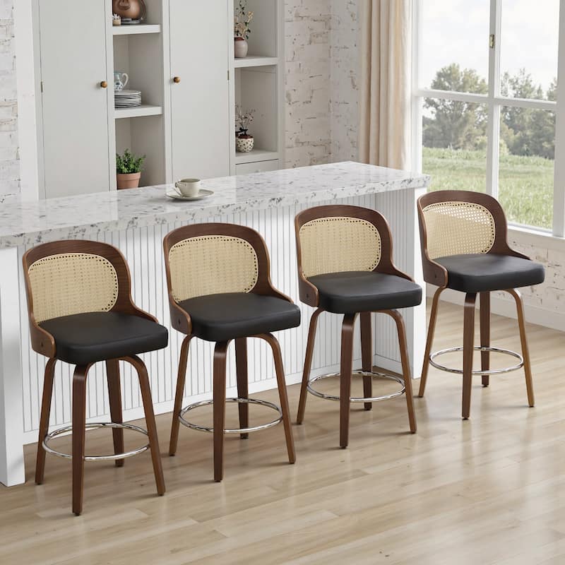 26" Upholstered Swivel Counter & Bar Stool with Rattan Back - 37.4"H x 19.09"W x 19.88"D